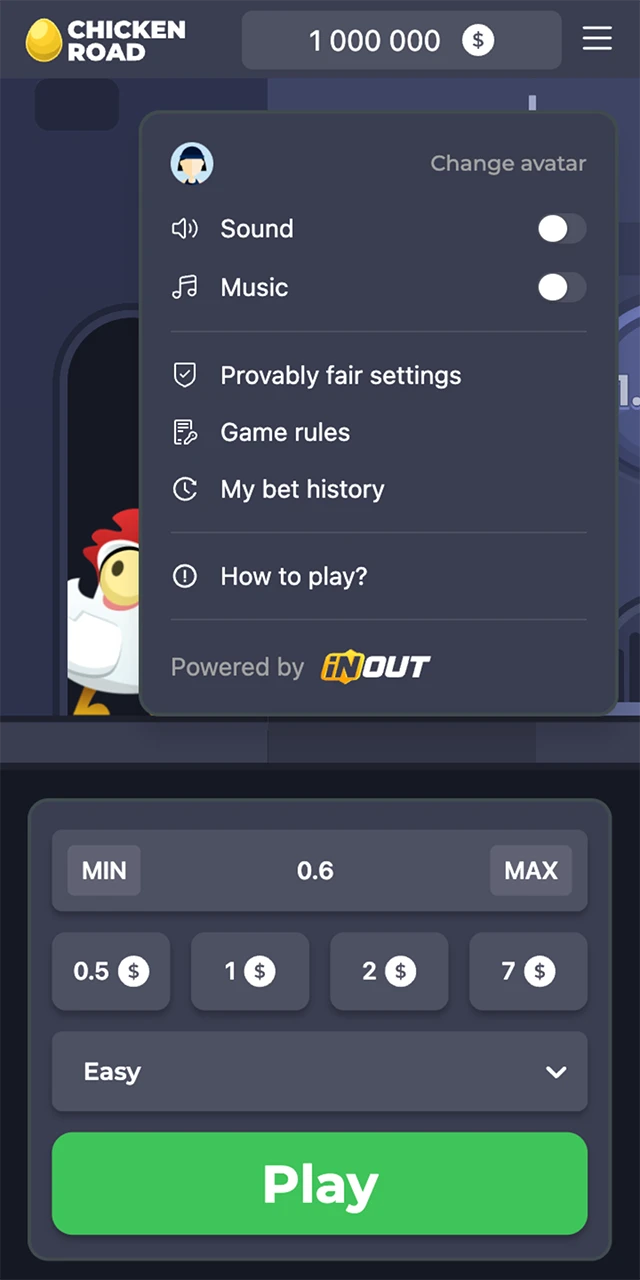 The menu of the Chicken Road game available on the Melbet website.